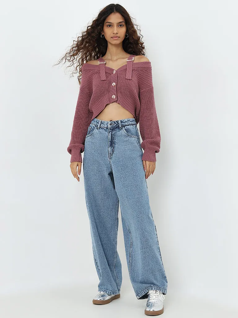 Nuon Dull Pink Crochet Detailed Cotton Blend Cardigan