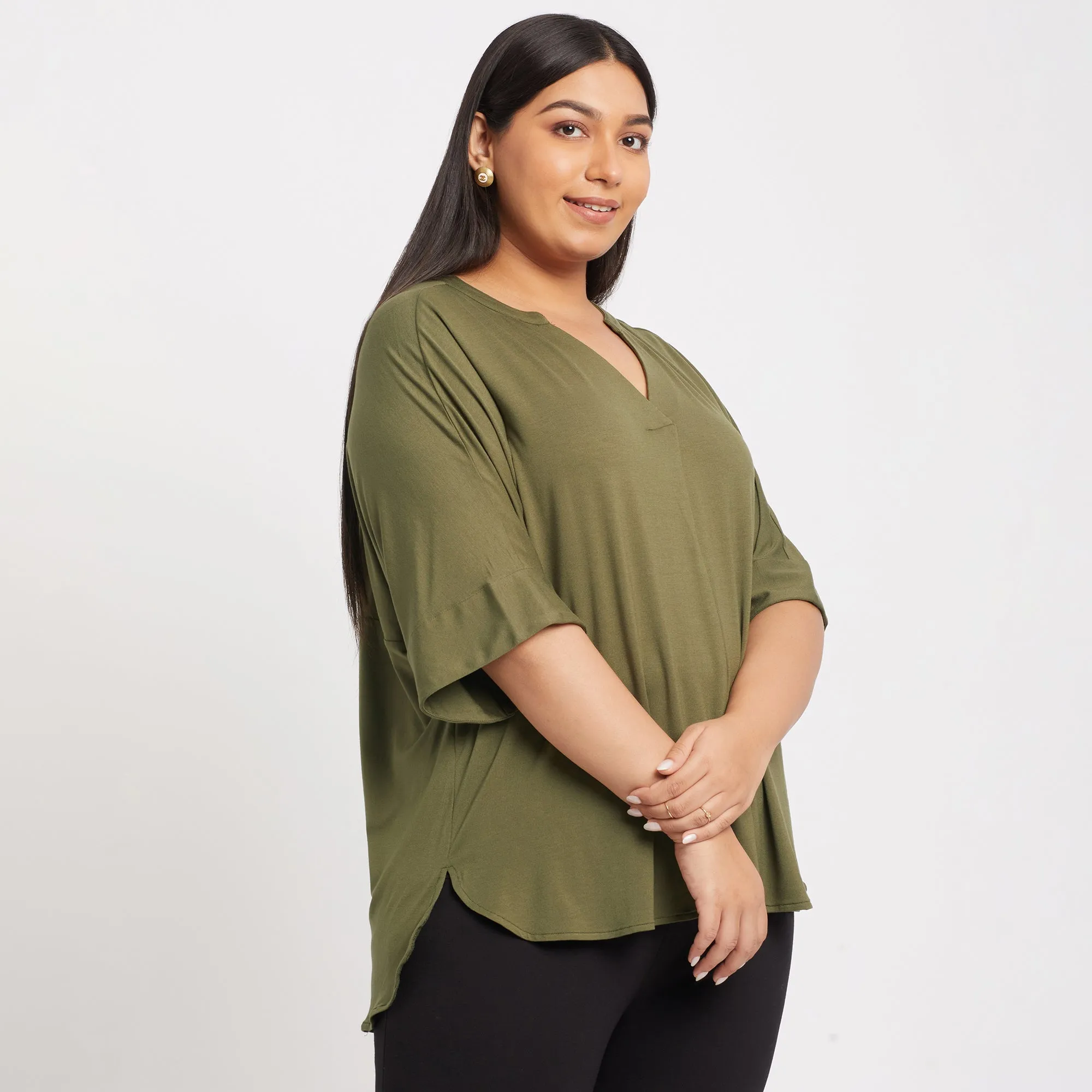 Olive Chinese Collar Plus Size Viscose Jersey Top