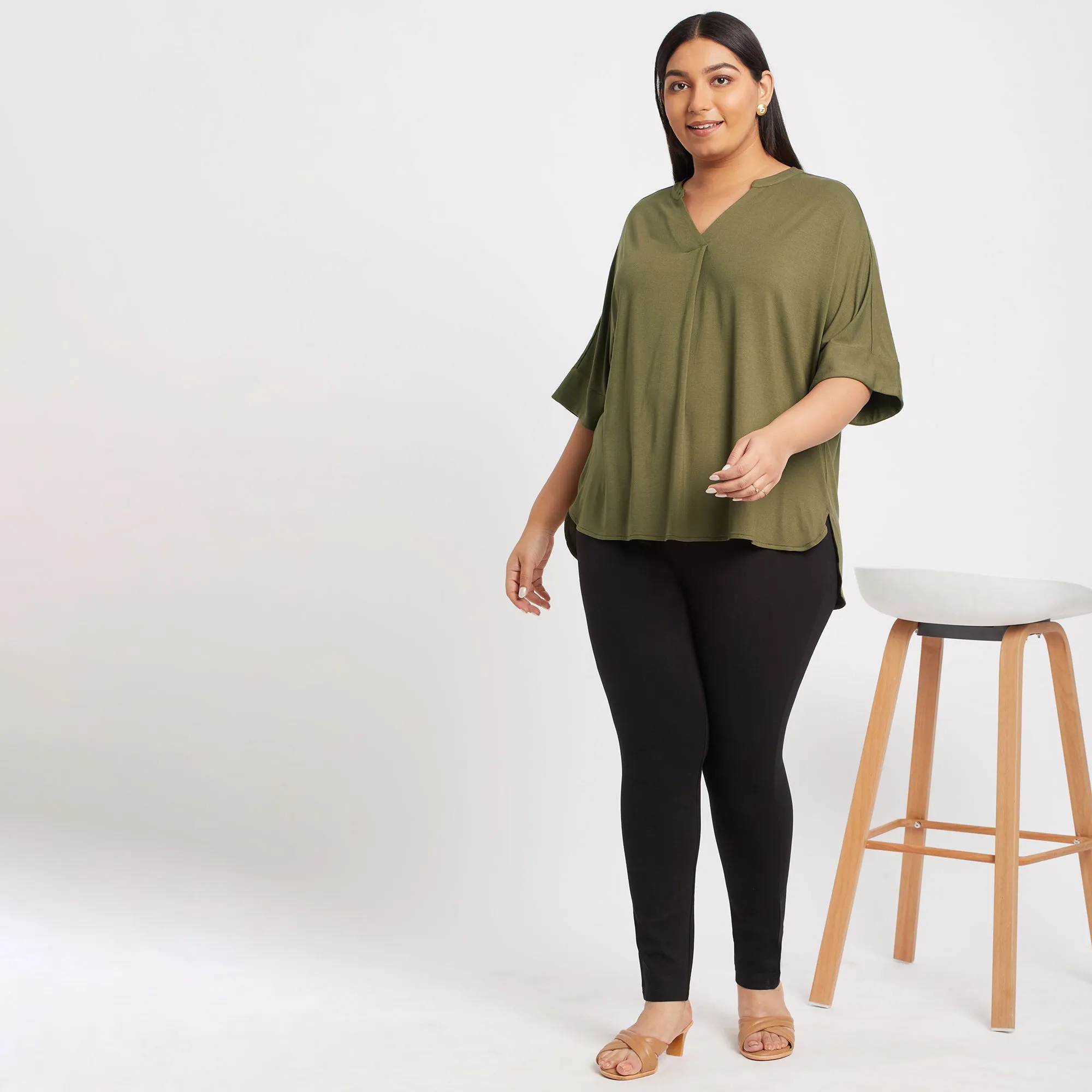 Olive Chinese Collar Plus Size Viscose Jersey Top
