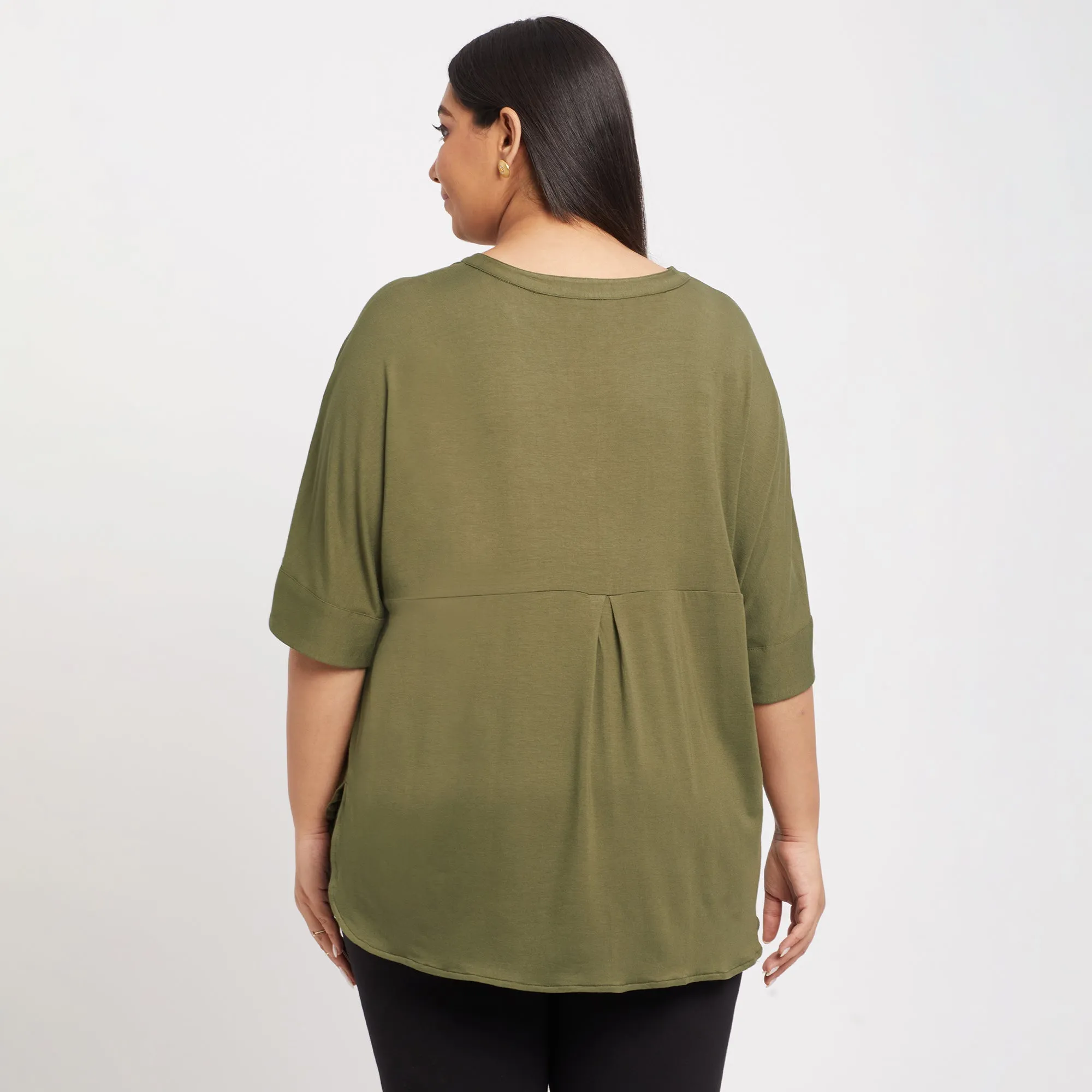 Olive Chinese Collar Plus Size Viscose Jersey Top