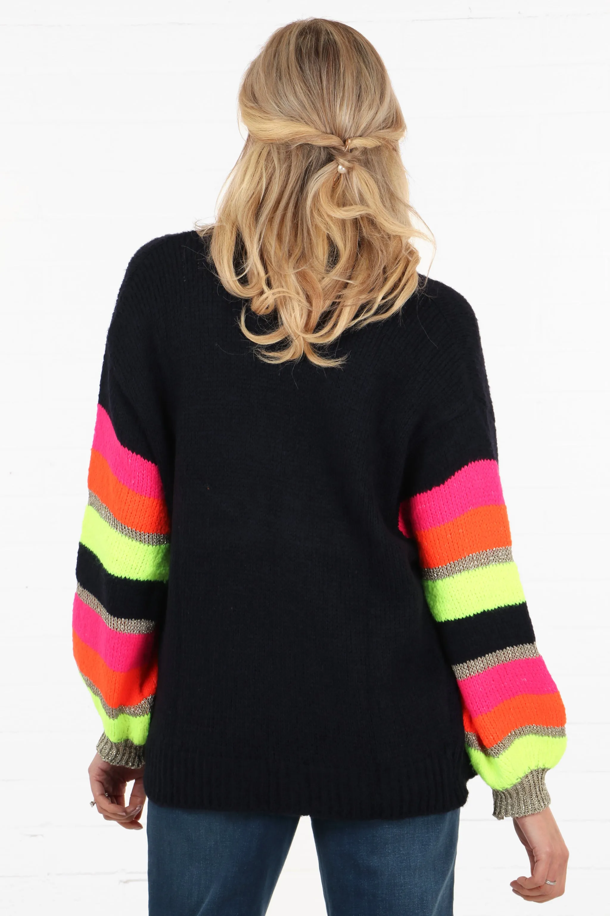 Open Front Wool Blend Balloon Sleeve Cardigan in Navy Blue