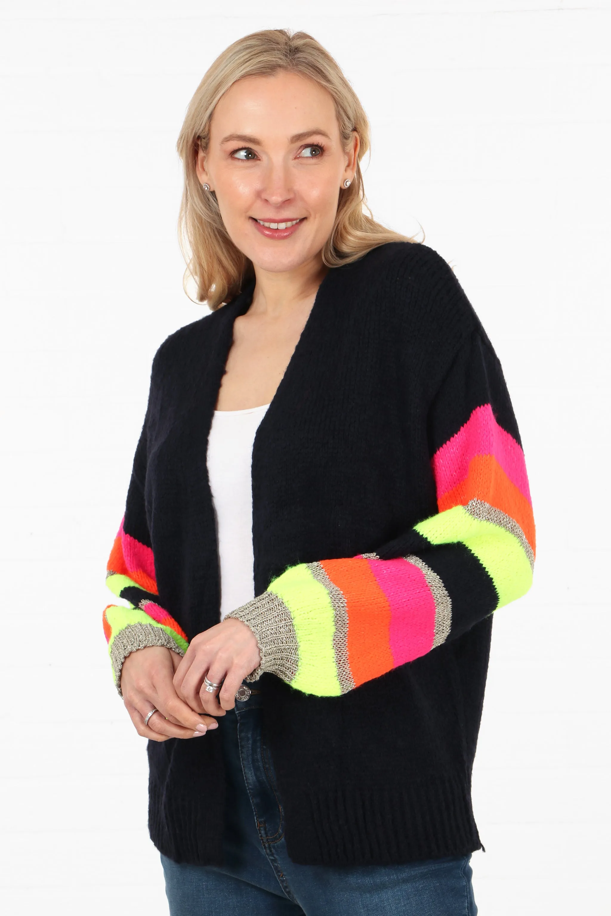 Open Front Wool Blend Balloon Sleeve Cardigan in Navy Blue