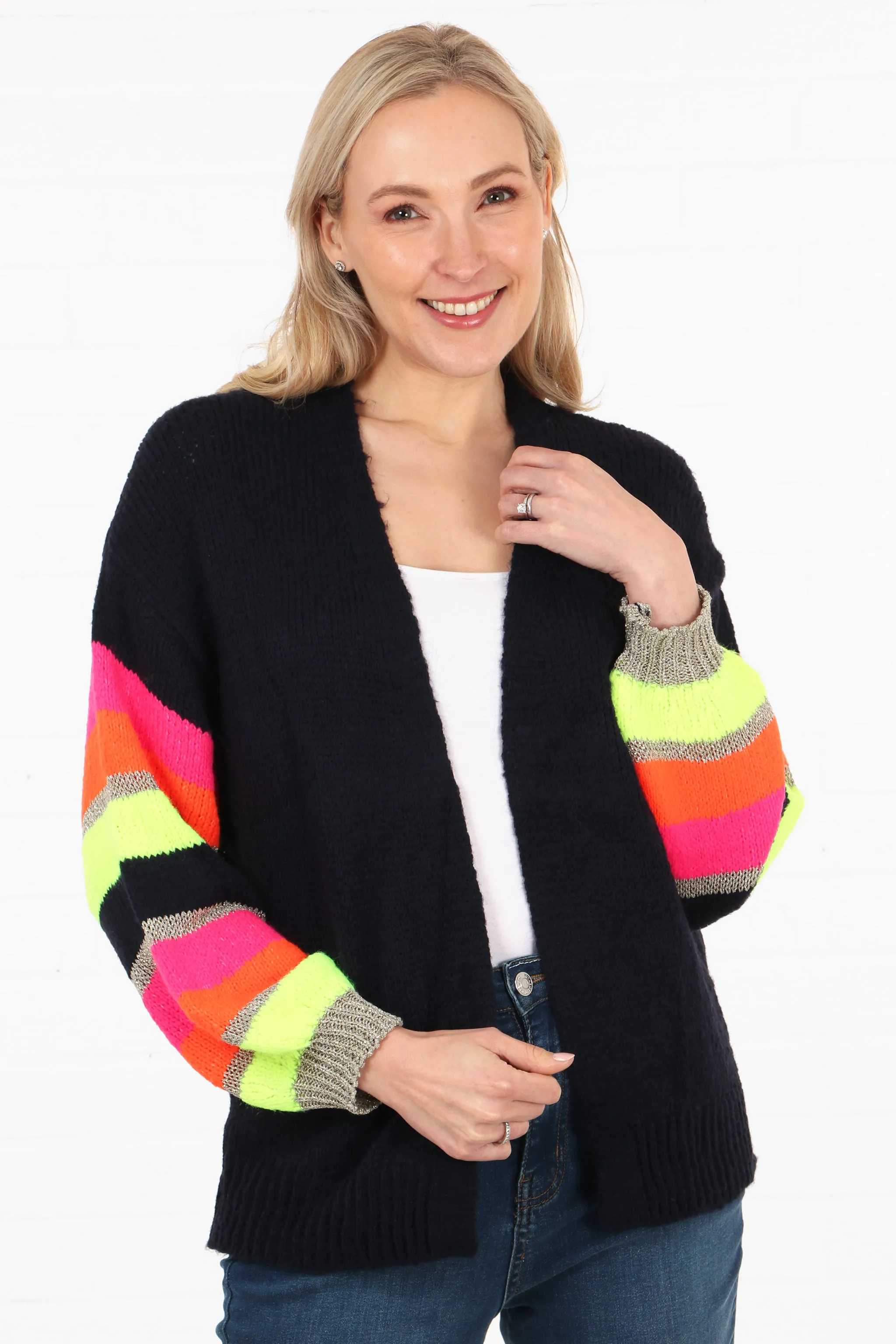Open Front Wool Blend Balloon Sleeve Cardigan in Navy Blue