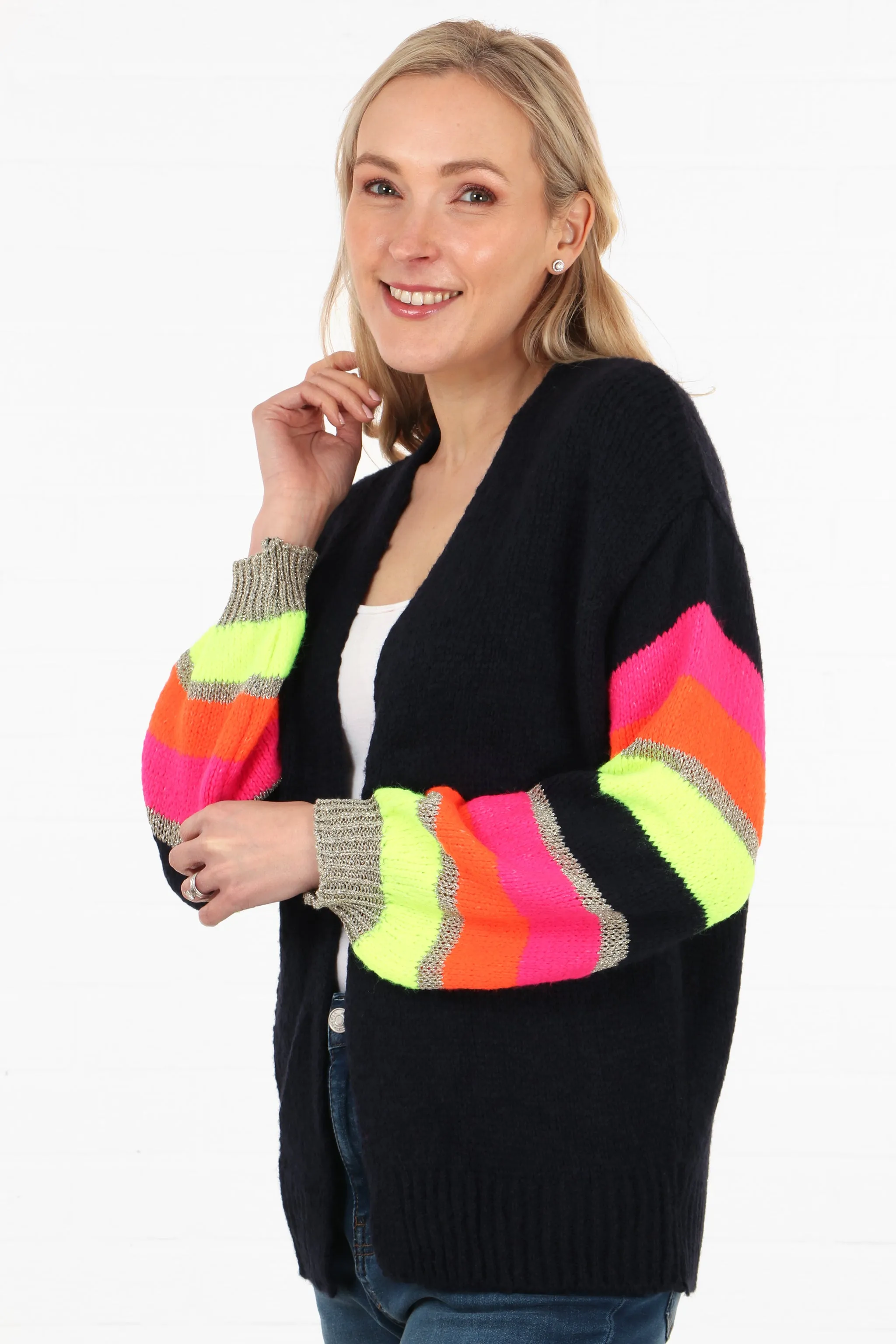 Open Front Wool Blend Balloon Sleeve Cardigan in Navy Blue