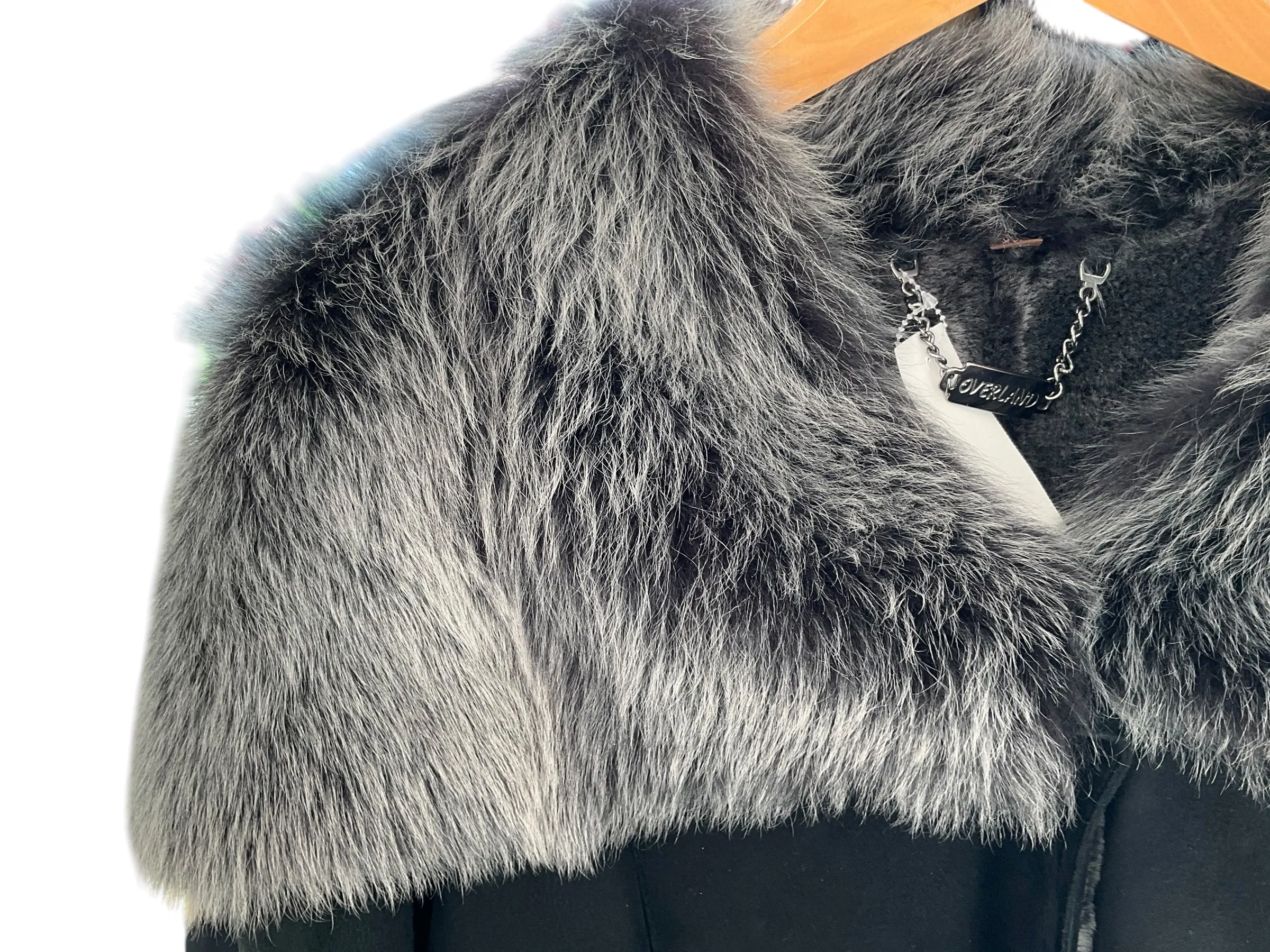 Overland Sheepskin Black Coat With Detachable Fur Collar. Size XXL