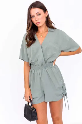 Sage Side Shirring Romper