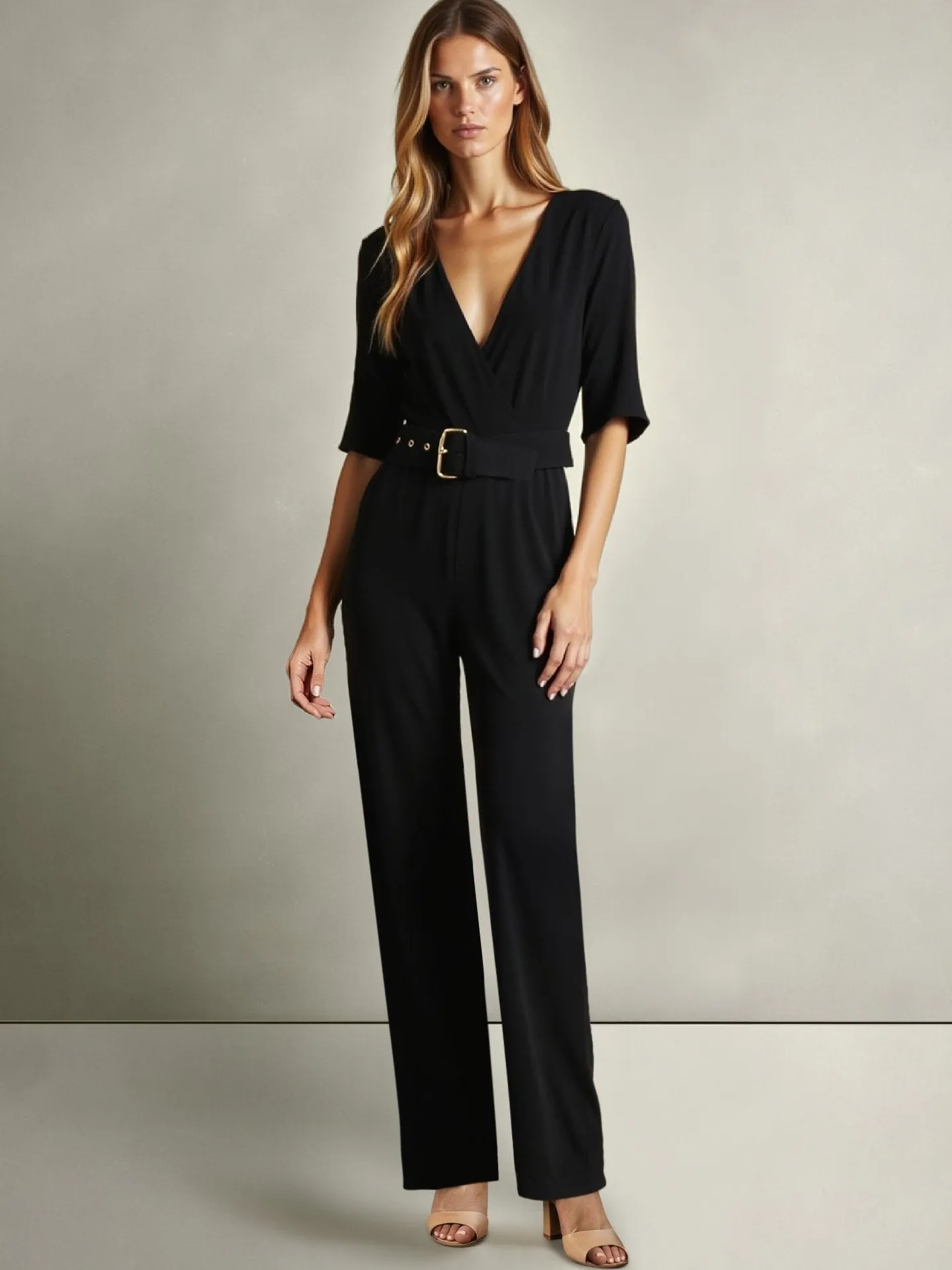 Short Sleeve V-Neck Knit Belted Jumpsuit