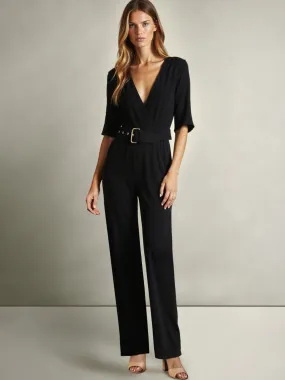 Short Sleeve V-Neck Knit Belted Jumpsuit