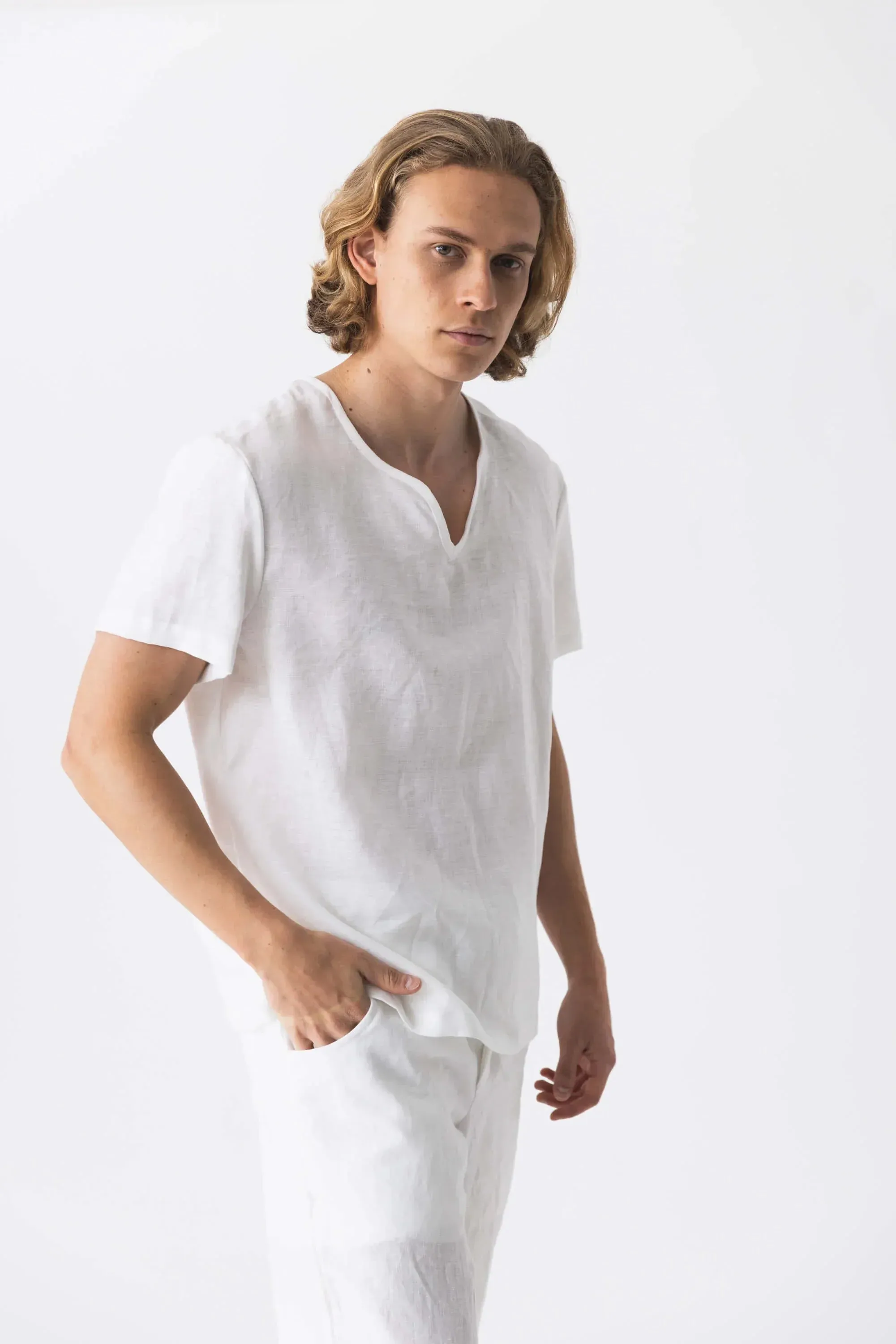 Short-sleeved linen tunic icy blue - Marcelo