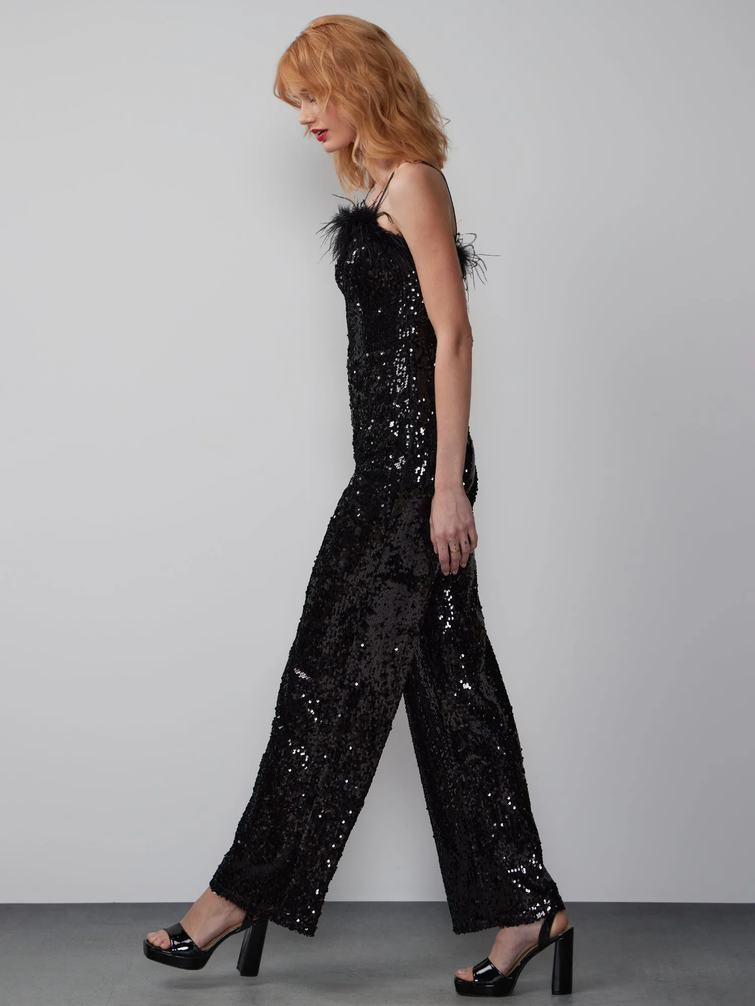 Sleeveless Feather Trim Matte Sequin Jumpsuit