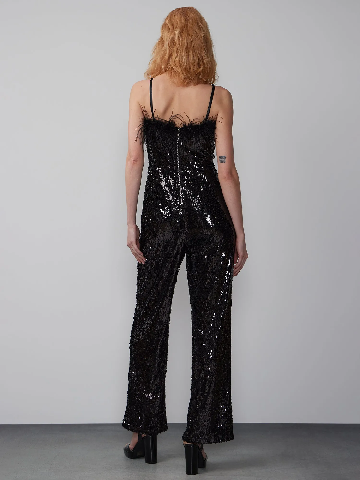 Sleeveless Feather Trim Matte Sequin Jumpsuit