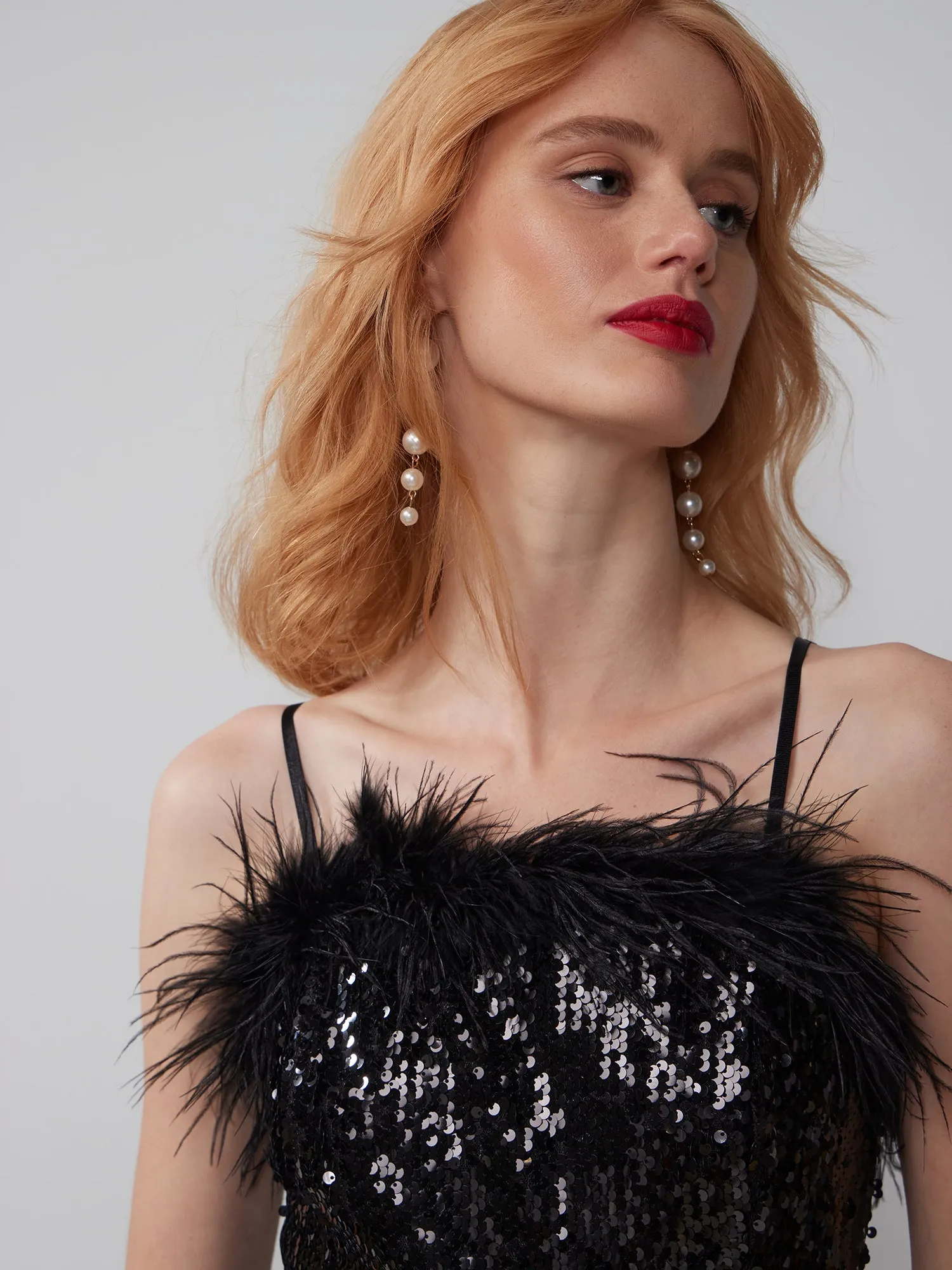 Sleeveless Feather Trim Matte Sequin Jumpsuit