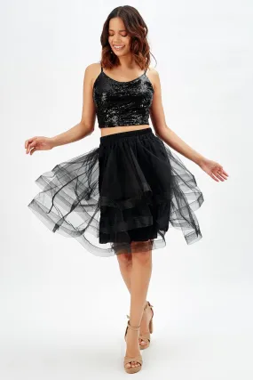 SNS Sense Black Shiny Layered Evening Skirt - Arroyomolinos