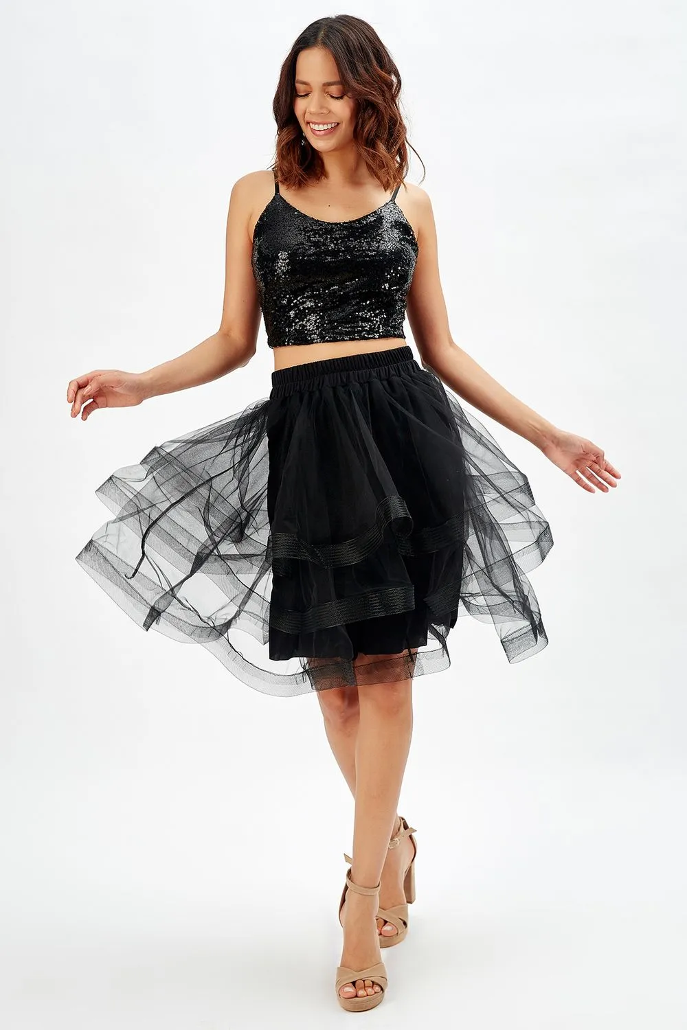 SNS Sense Black Shiny Layered Evening Skirt - Arroyomolinos