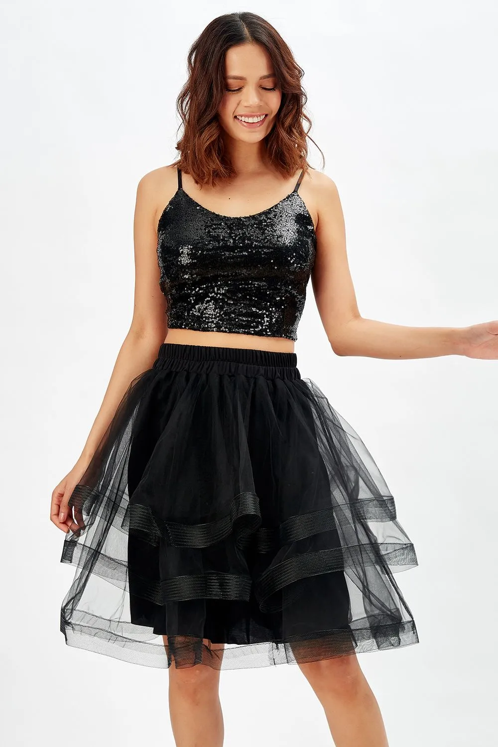 SNS Sense Black Shiny Layered Evening Skirt - Arroyomolinos