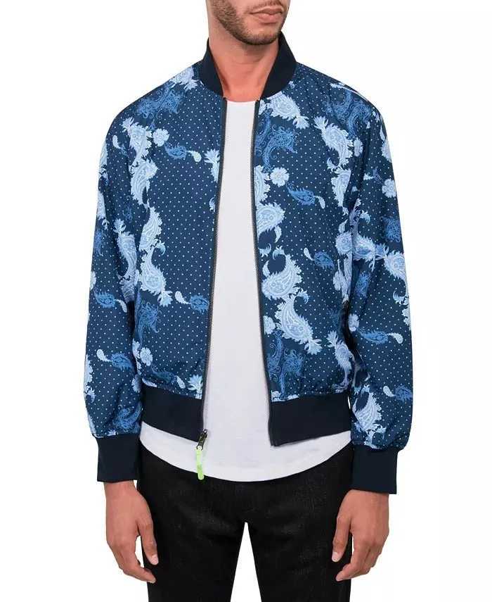 Society of Threads Mens Paisley Reversible Bomber Jacket Navy Blue Large
