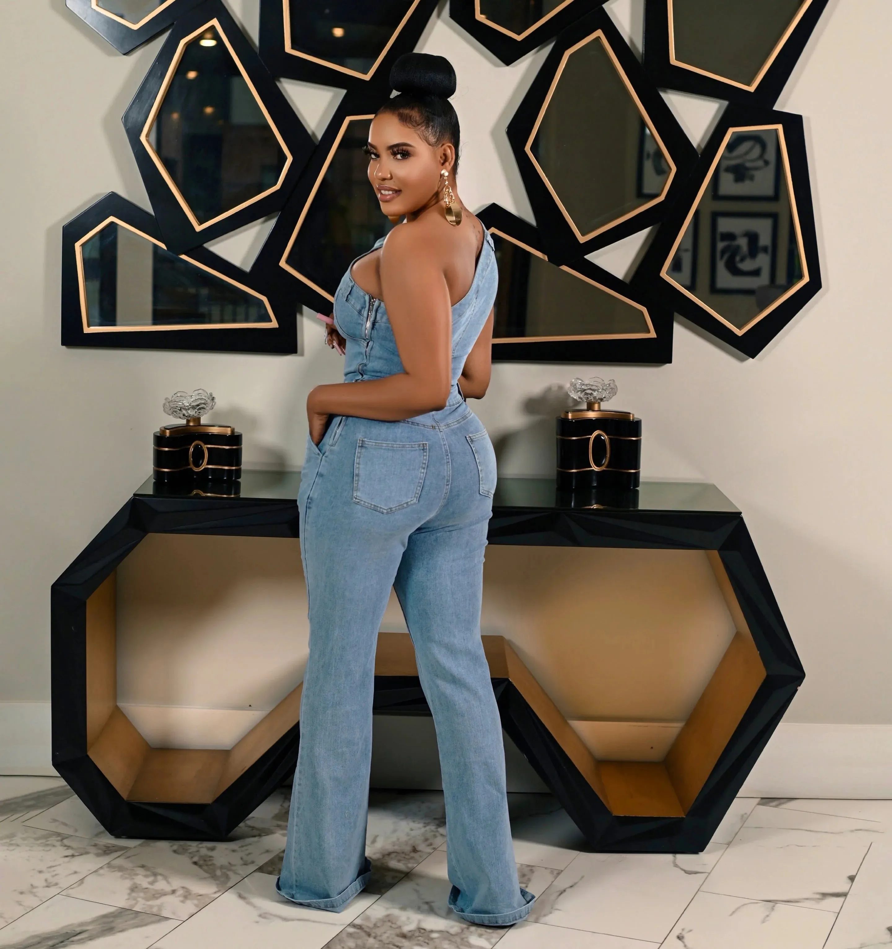 Trendy Denim One Shoulder Hollow Out Romper