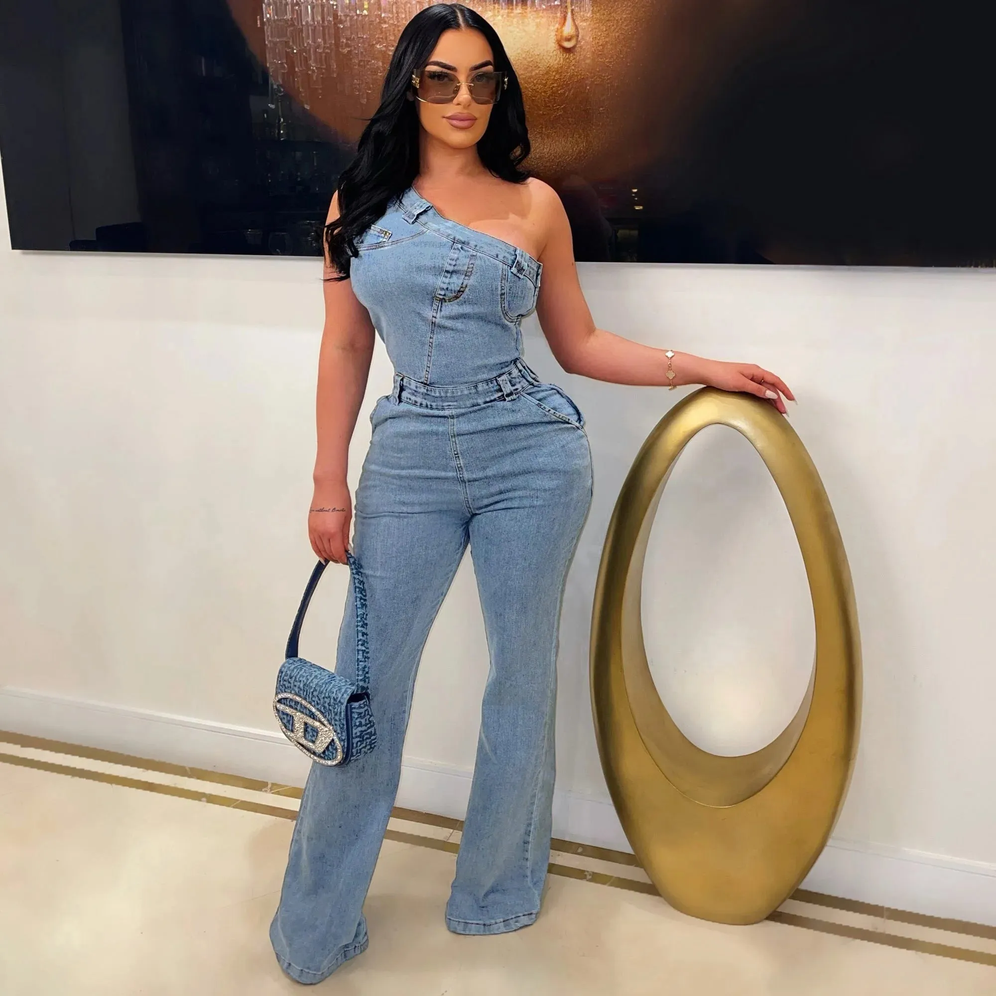Trendy Denim One Shoulder Hollow Out Romper