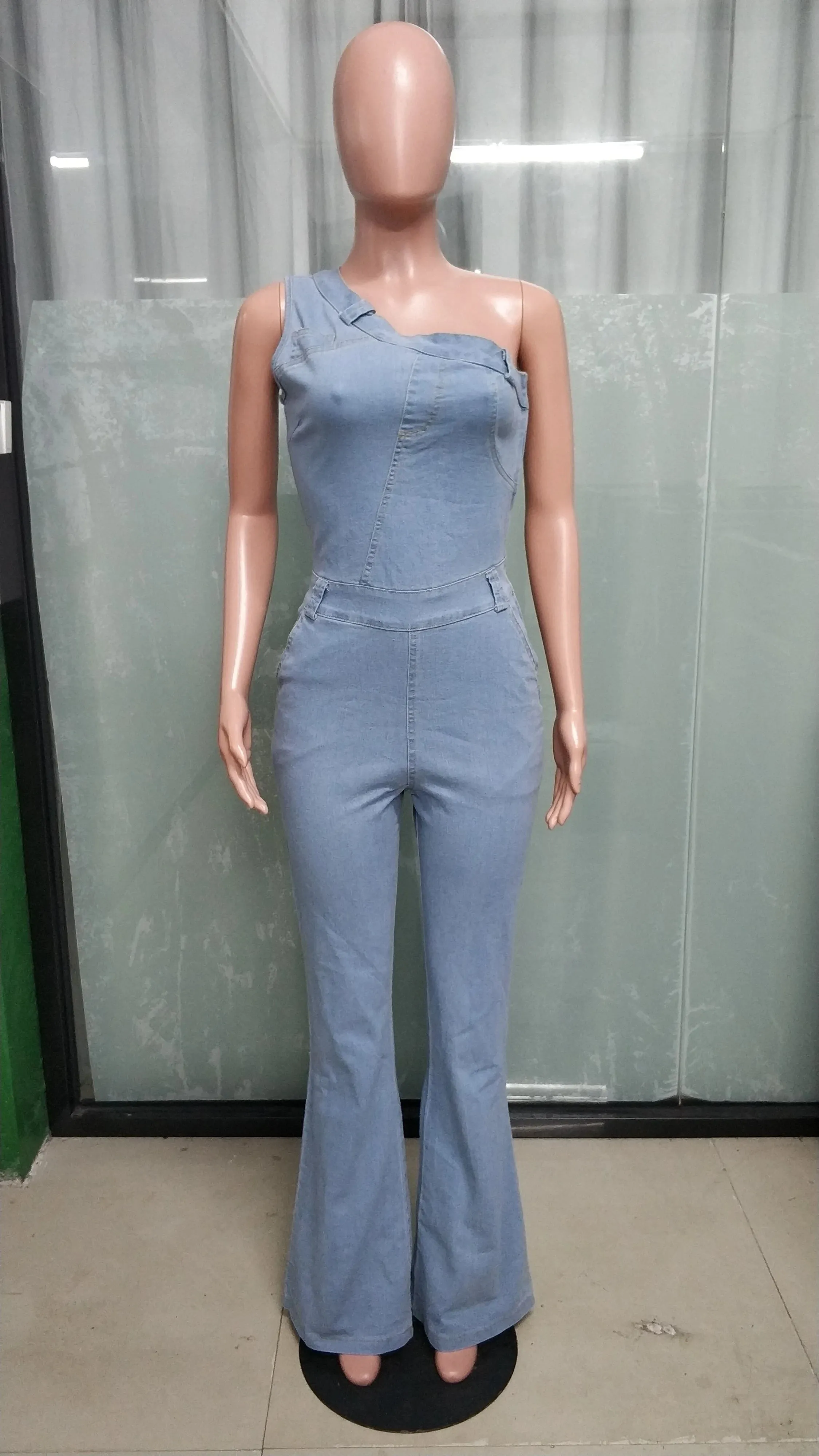 Trendy Denim One Shoulder Hollow Out Romper