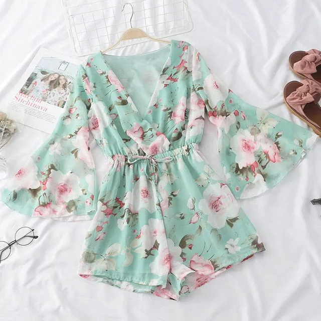 V-neck Floral Printed Rompers