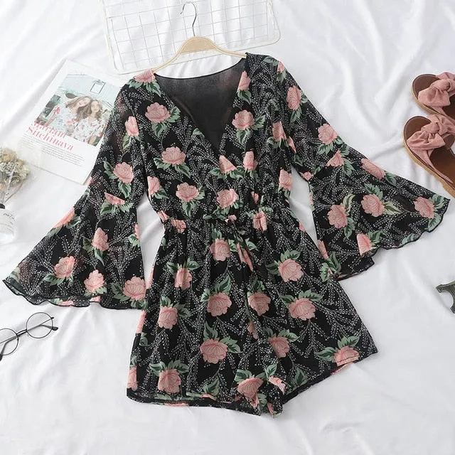 V-neck Floral Printed Rompers