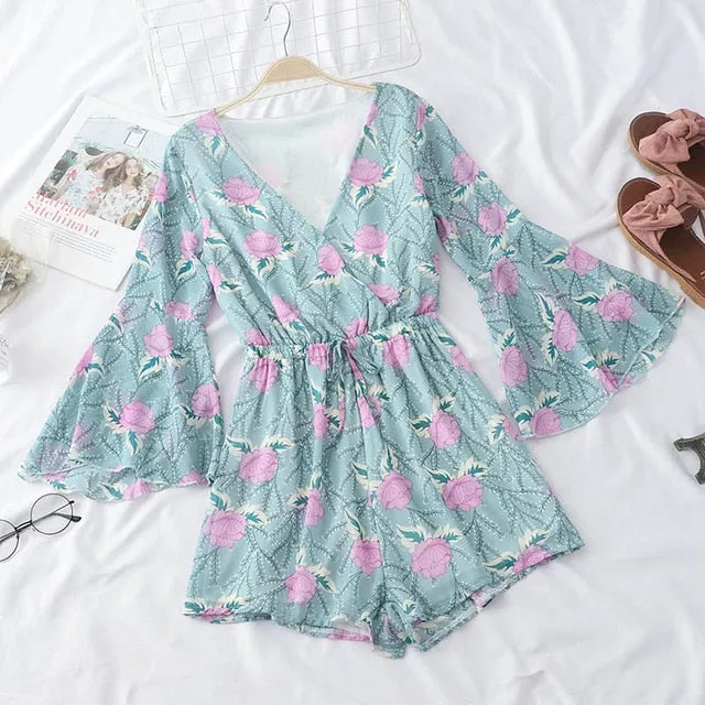 V-neck Floral Printed Rompers