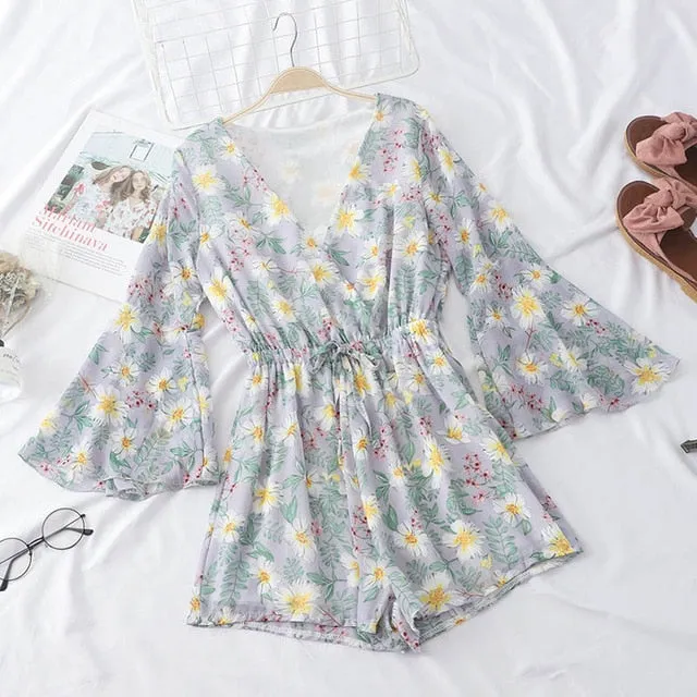 V-neck Floral Printed Rompers