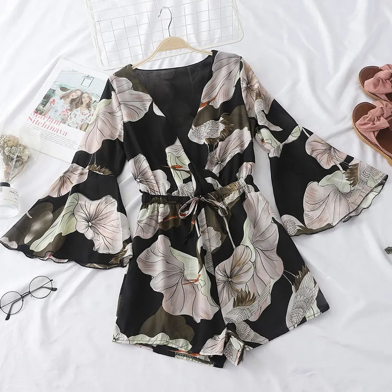 V-neck Floral Printed Rompers