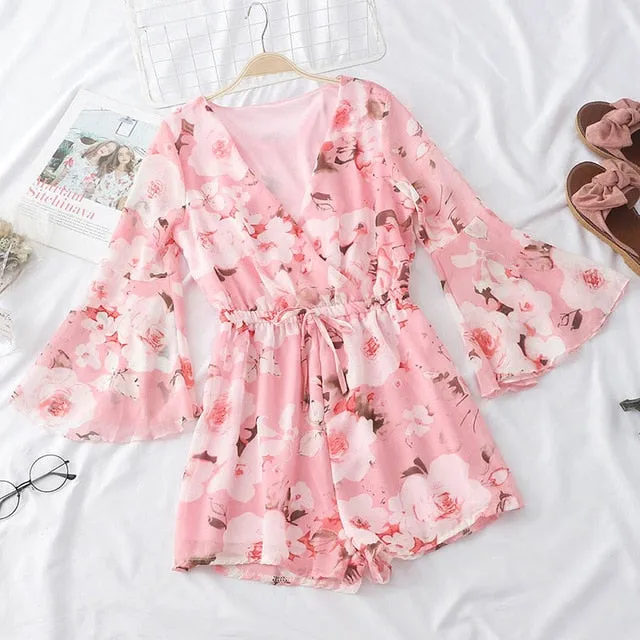 V-neck Floral Printed Rompers
