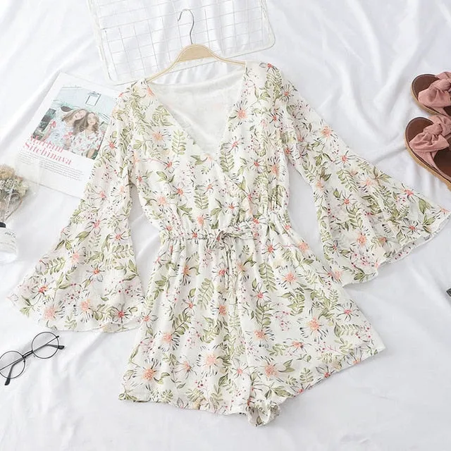V-neck Floral Printed Rompers