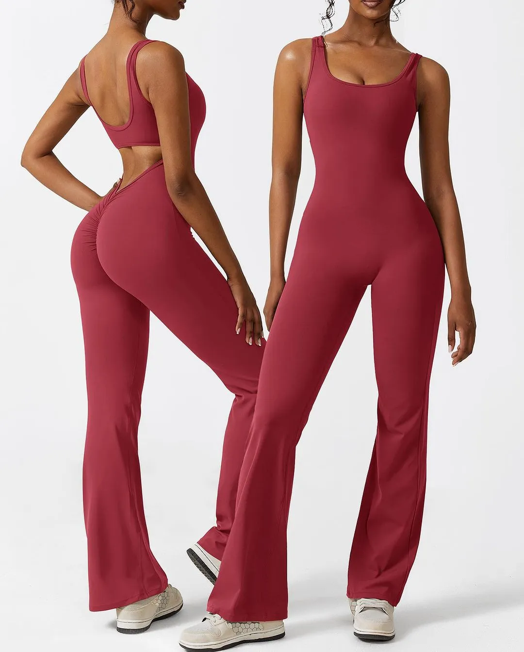 V-Rücken Flared Jumpsuit