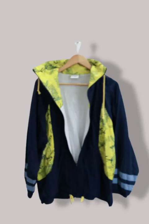 Vintage Navy linen patchwork windbreaker hoodie jacket M
