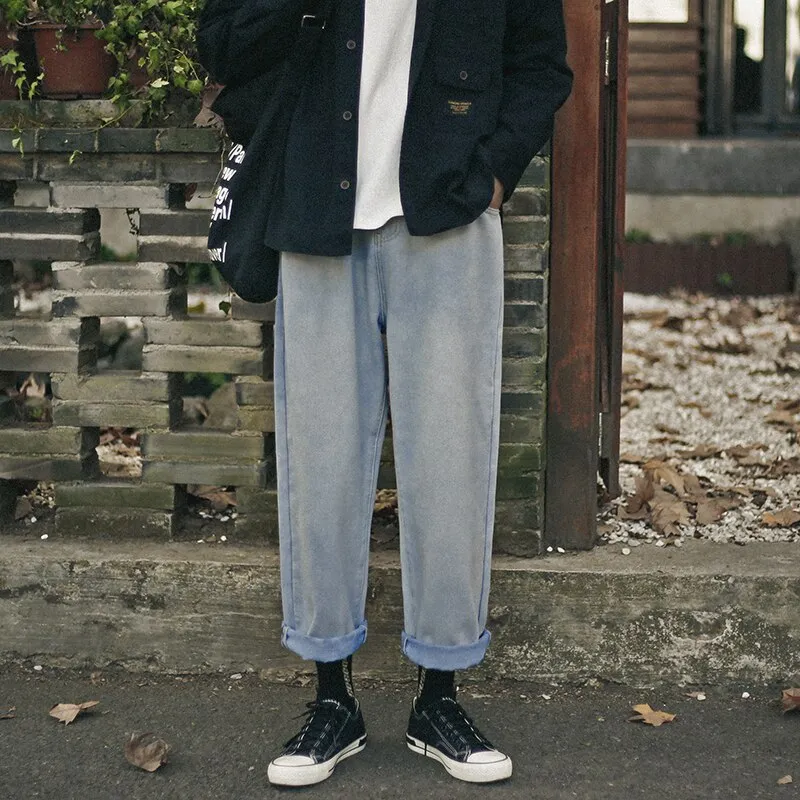 Voguable Retro Wide legs Jeans Men's Fashion Solid Color Casual Straight Jean Pants Men Streetwear Hip Hop Denim Trousers Mens M-3XL