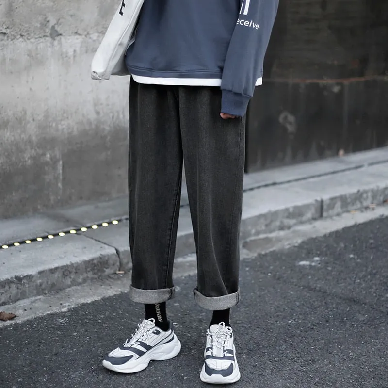 Voguable Retro Wide legs Jeans Men's Fashion Solid Color Casual Straight Jean Pants Men Streetwear Hip Hop Denim Trousers Mens M-3XL