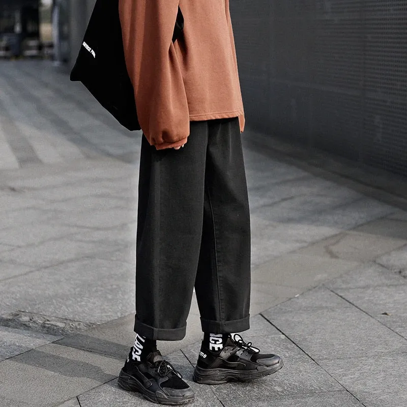 Voguable Retro Wide legs Jeans Men's Fashion Solid Color Casual Straight Jean Pants Men Streetwear Hip Hop Denim Trousers Mens M-3XL