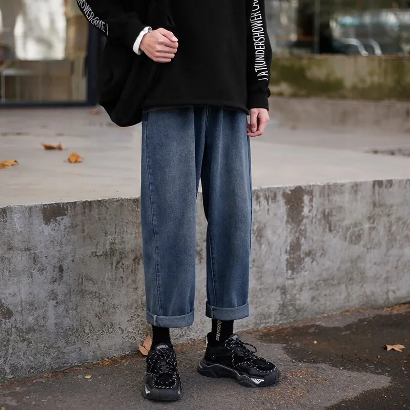 Voguable Retro Wide legs Jeans Men's Fashion Solid Color Casual Straight Jean Pants Men Streetwear Hip Hop Denim Trousers Mens M-3XL