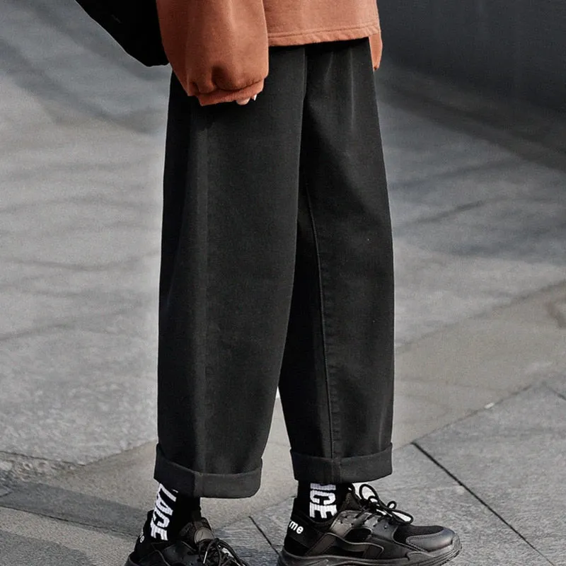 Voguable Retro Wide legs Jeans Men's Fashion Solid Color Casual Straight Jean Pants Men Streetwear Hip Hop Denim Trousers Mens M-3XL