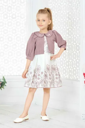 Wine Overcoat With Cream Floral Printed Casual Frock For Girls