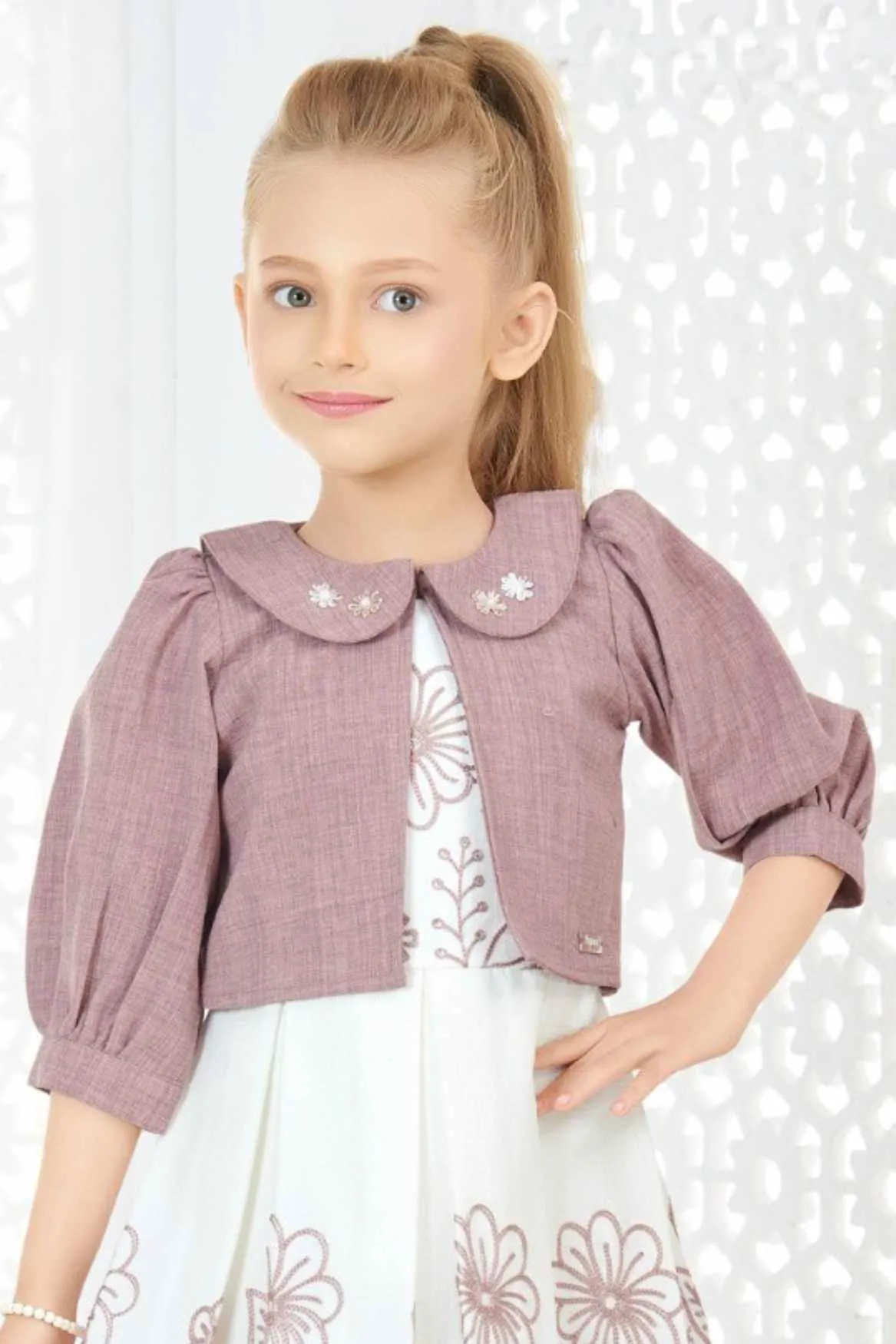 Wine Overcoat With Cream Floral Printed Casual Frock For Girls