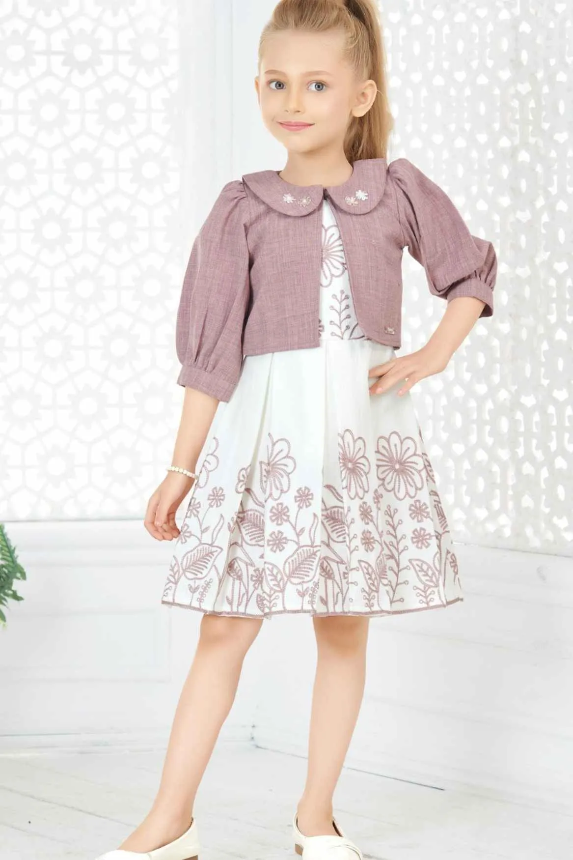 Wine Overcoat With Cream Floral Printed Casual Frock For Girls