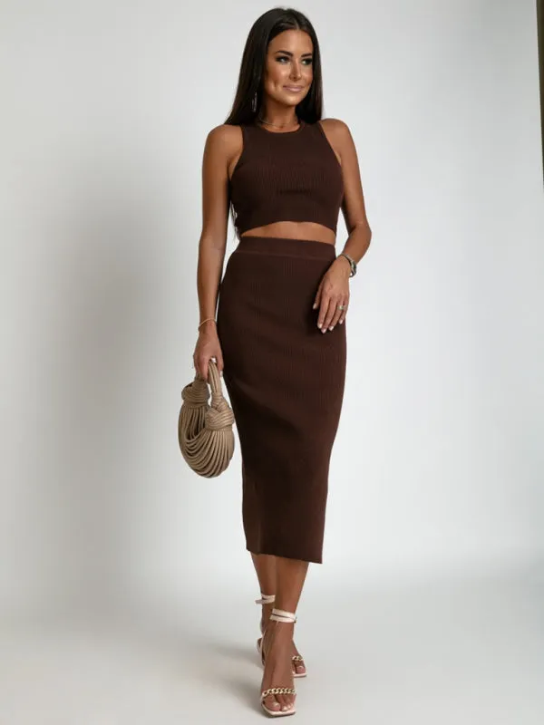 Women’s Cropped Knit Tank Top with Matching Midi Skirt Two-Piece Set in 4 Colors S-3XL