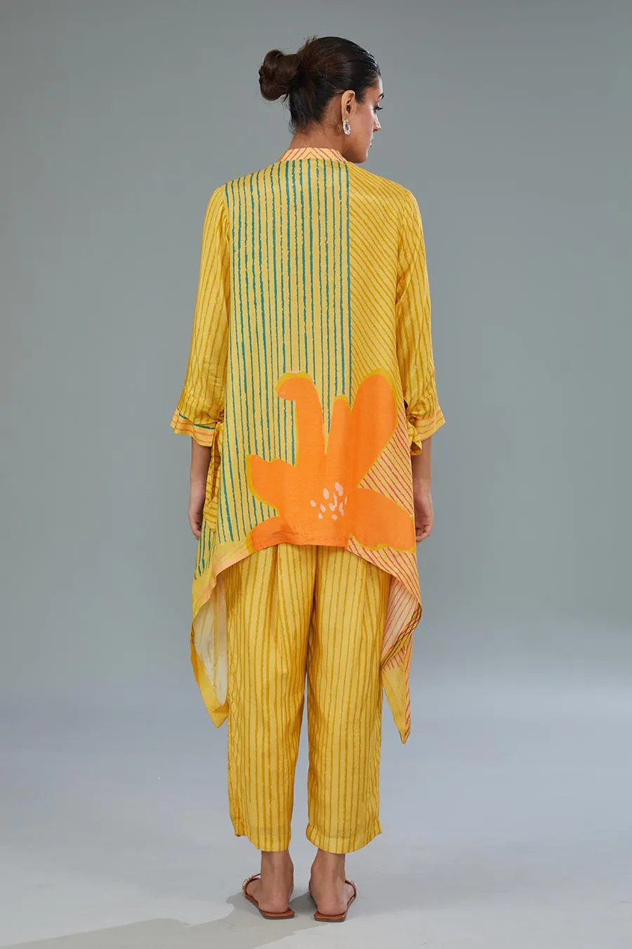 Yellow Printed High-Low Tunic & Pant Set